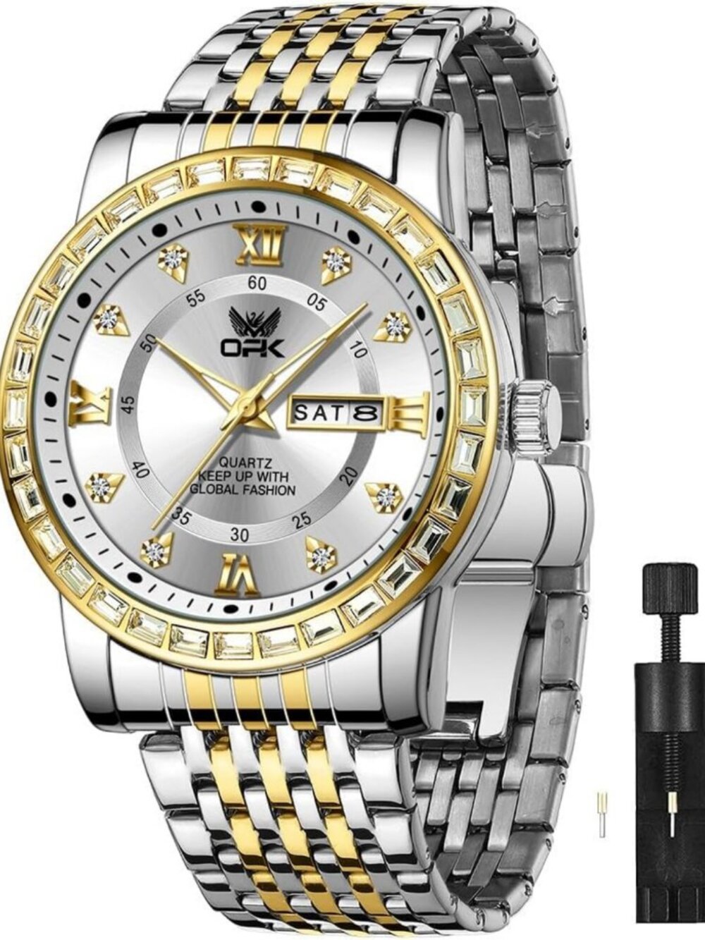 Stylish Waterproof Men's Diamond Roman Analog Watch - Large Stainless Steel